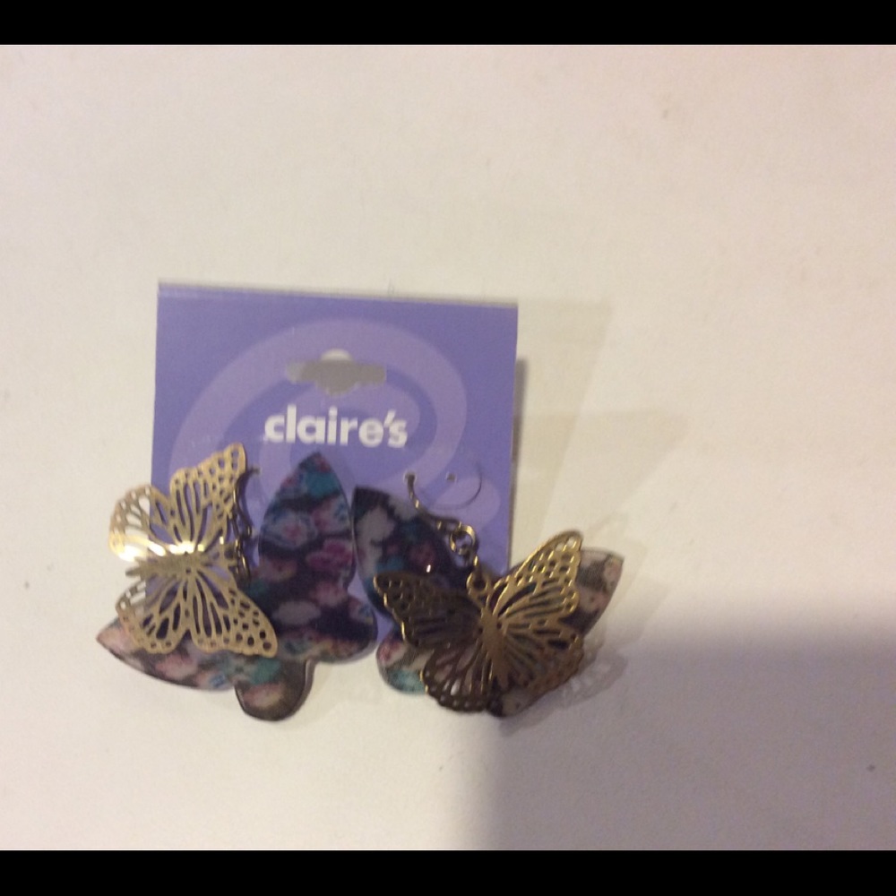 Butterfly Floral Wire Earrings Goldtone NWT